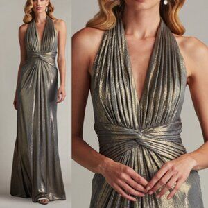 NWT TADASHI SHOJI MONA PLEATED METALLIC HALTER GOWN DRESS SMOKE PEARL BSJ25803L
